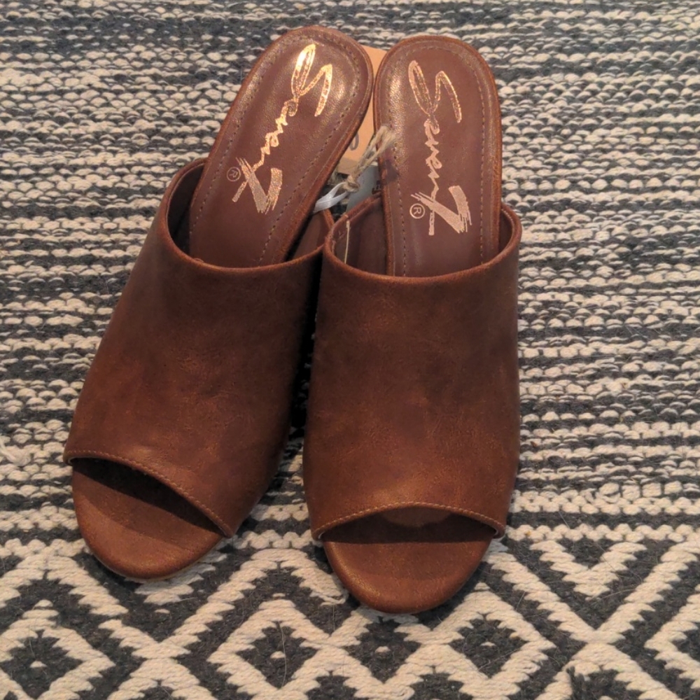 Brown leather mule heels